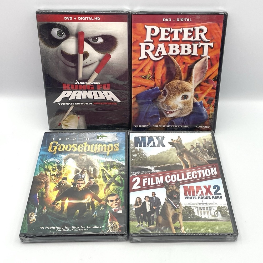 Lot of 4 New Sealed DVDs Kung Fu Panda Peter Rabbit Goosebumps Max 1 & 2
